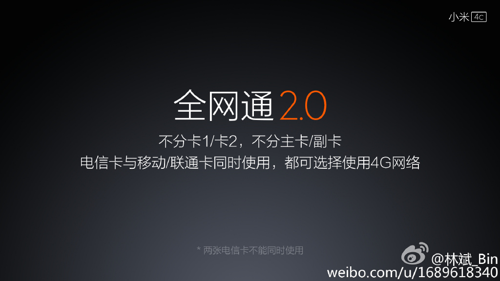 雷軍自曝小米4c新功能，支持雙卡4G盲插！